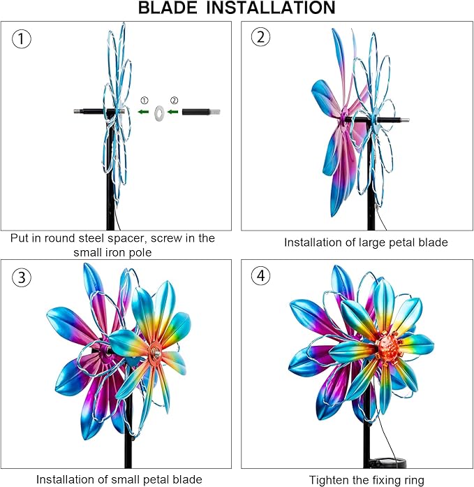 Flower Solar Wind Spinners- Metal Colorful Spinning Windmill Garden Ligths with LED Outdoor Decorative Stake Lighting Waterproof Flower Sculpture for Patio Yard-Ruum Studio Home
