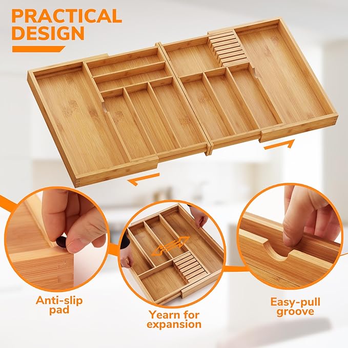 BAMEOS Expandable Silverware Drawer Organizer with Removable Knife Blocks, Bamboo Kitchen Utensil Holder from 21" to 36", Large Cutlery Tray with Divider for Forks, Spoons, Knives-Ruum Studio Home