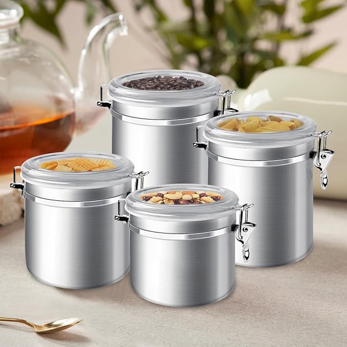 ENLOY 4-Piece Stainless Steel Airtight Food Storage Canister Set with Clear Lid, Containers Sets for Kitchen Counter for Sugar, Flour, Tea, Candy, Cookie, Spice, 28/32/38/65 oz-Ruum Studio Home