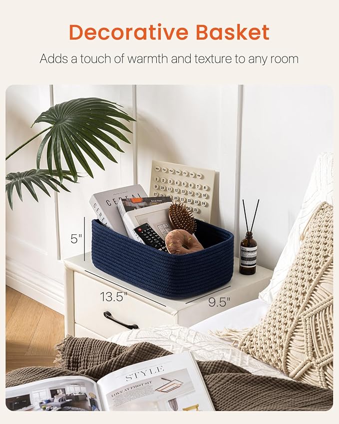 Small Woven Basket, 13.5 x 9.5 x 5 Inches, Storage Basket for Organizing, Cute Small Rope Shelf Closet Cube Storage Bins Baskets for Shelves, Dog Toy Gift Baskets Empty, 3 Packs, Navy Blue-Ruum Studio Home