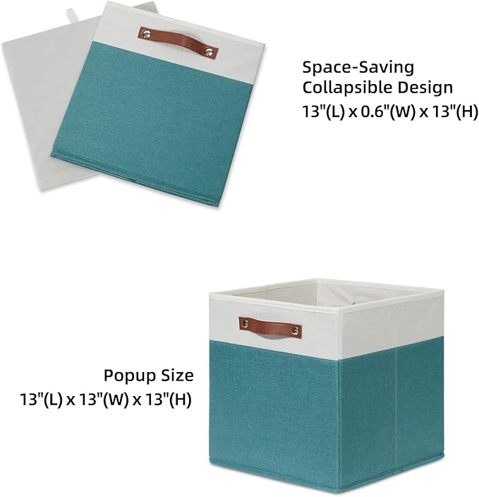 HNZIGE Fabric Storage Bins for Shelves 13x13 Storage Cubes Set Of 4 Foldable Storage Baskets with Handles for Organizing Cloth Closet Toy Nursery(Teal&White)-Ruum Studio Home