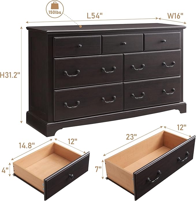 T4TREAM 7 Drawers Dresser Chests for Bedroom, Wood Vintage Chests of Drawers, Rustic Dressers Chset Organizer for Bedroom, Living Room, Hallway, Espresso-Ruum Studio Home