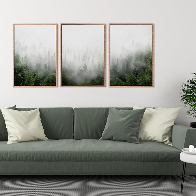 HPINUB Misty Green Forest Framed Canvas Wall Art Set, Nature Scenery Modern Wall Decor, Foggy Mountain Wall Painting, Woodland Landscape Nursery Art Print for Living Room, Bedroom, Office - 16"x24"x3-Ruum Studio Home
