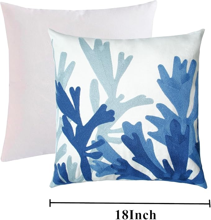 Embroidered Decorative Throw Pillow Cover, 18"x18" Set of 2, Farmhouse Pillowcase Blue Corals Knit Pattern Cotton Canvas Cushion Case Square Floral Pillow Case for Sofa Couch Bed Living Room-Ruum Studio Home
