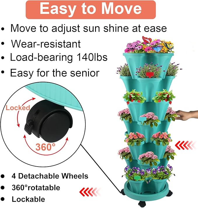 Vertical Planter, 7 Tier Stackable Strawberry Planter with Garden Tool Set, Movable Indoor/Outdoor Garden Herb Pot for Growing Vegetables and Succulents, Teal-Ruum Studio Home