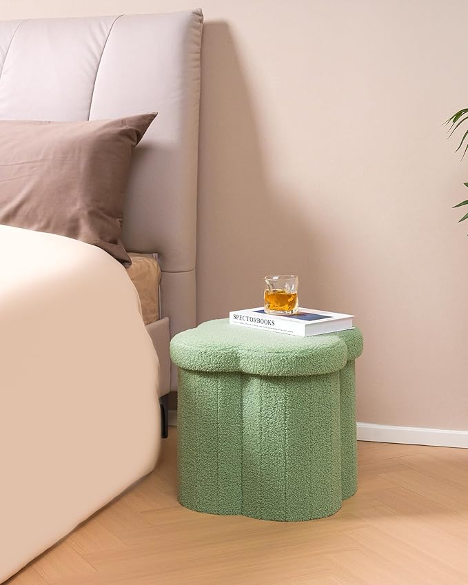 B FSOBEIIALEO Storage Ottoman Cube, Flowers Shaped Ottomans with Storage Foot Stool Footrest, Boucle Ottoman Seat for Dorm Room, Faux Teddy Fur, Green 15"x15"x15"-Ruum Studio Home