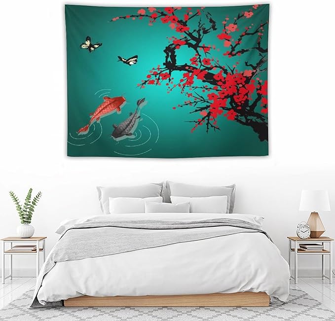 Japanese Koi Fish Tapestry, Cherry Blossoms Asian Oriental Green Teal Floral Branch Koi Fish Carp Tapestries Wall Hanging for Bedroom Living Room Office Decor 40"x30"-Ruum Studio Home