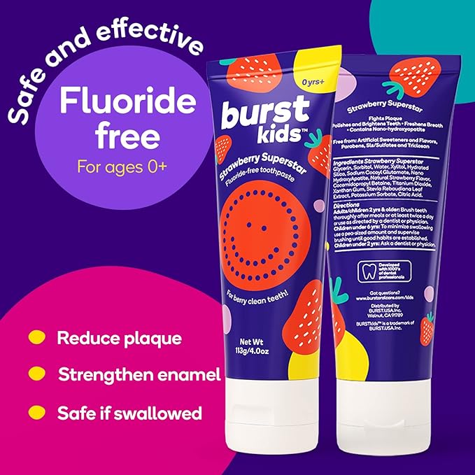 BURST Fluoride Free Strawberry Kids Toothpaste (4oz) | Great Tasting | Dye Free for Baby & Toddler Age 0+ | with Nano Hydroxyapatite-Ruum Studio Home