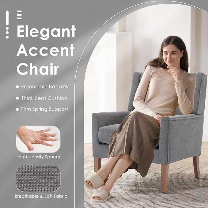 COLAMY Modern Wingback Living Room Chair, Upholstered Fabric Accent Armchair, Single Sofa Chair with Lounge Seat and Wood Legs for Bedroom/Office/Reading Spaces, Gery-Ruum Studio Home