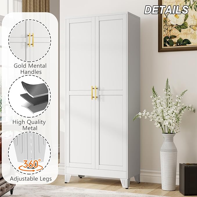 Metal Pantry Cabinet with 2 Doors and Adjustable Shelves - 71" Kitchen Storage Cabinet with Gold Handles - Versatile Storage for Kitchen, Bathroom, Dining Room, Utility Room - White-Ruum Studio Home