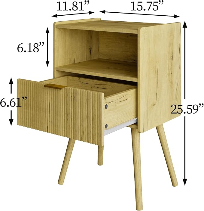 Nightstand,Modern Bedside Table with Storage Drawer and Open Wood Shelf, Accent Night Stand with Solid Wood Legs for Living Room, Bedroom and Small Spaces,Easy Assembly (Yellow Oak)-Ruum Studio Home
