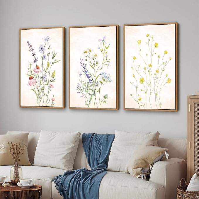 SIGNINART Watercolor Wildflower Framed Canvas Wall Art Set of 3, Boho Botanical Spring Floral Wall Decor, Colorful Minimalist Plant Art Prints for Farmhouse Living Room, Bedroom, Office, Bathroom 16"x24"-Ruum Studio Home