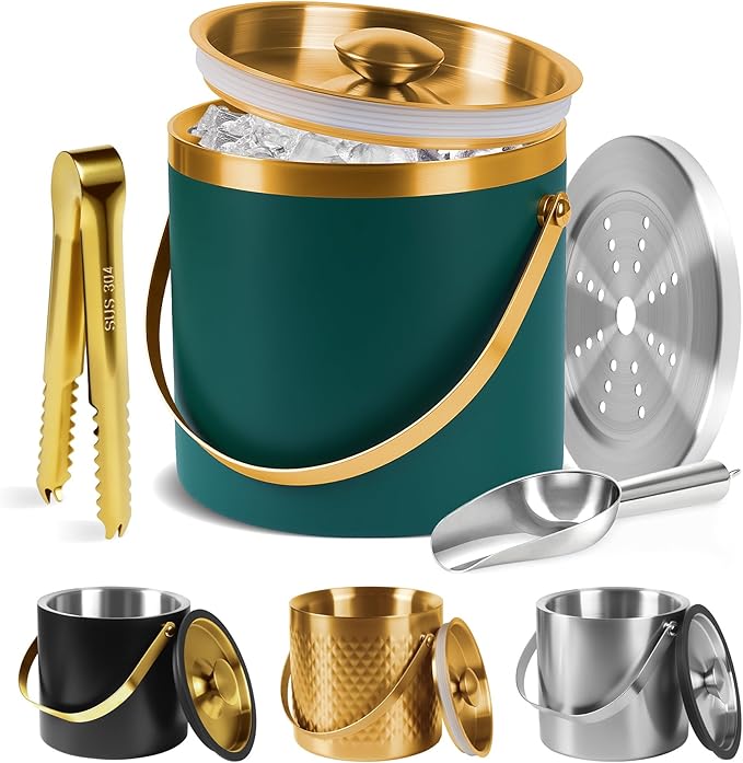 Ice Bucket, Green Ice Bucket 3L with Silicone Sealing Ring Double-Wall Vacuum Insulation Champagne Buckets with Filter Layer Ice Tongs Ice Scoop (Green, 3 L)-Ruum Studio Home