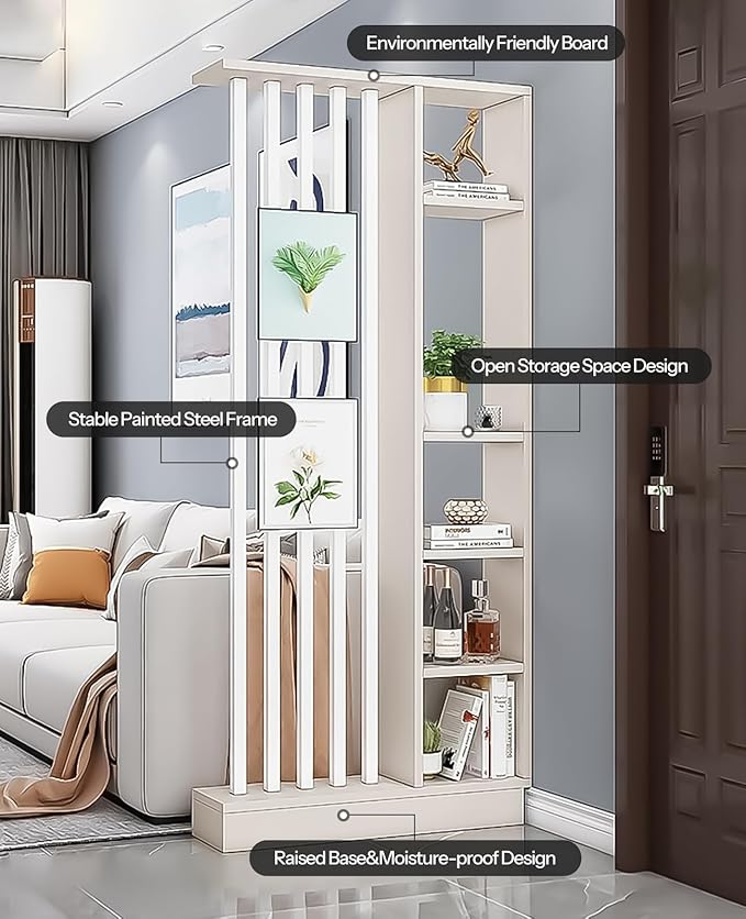 Wall Room Divider, Storage Cabinet Storage Display with Shelves, Modern Freestanding Wood Room Divider Screen, Wall Privacy Screens for Home Office Decorative (Beige+White,31.5" L x 9.5" W x 79.5" H)-Ruum Studio Home