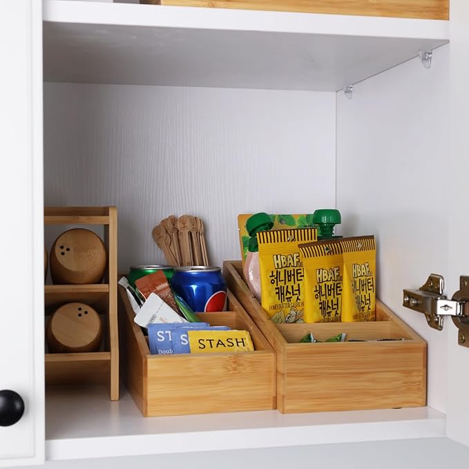 HTB 4-Section Snack Organizer with Removable Dividers for Kitchen, Cabinet, Office, Countertop, 2 Pack Bamboo Pantry Storage Organization for Spice Packets, Seasoning Pouches, Coffee Pods-Ruum Studio Home