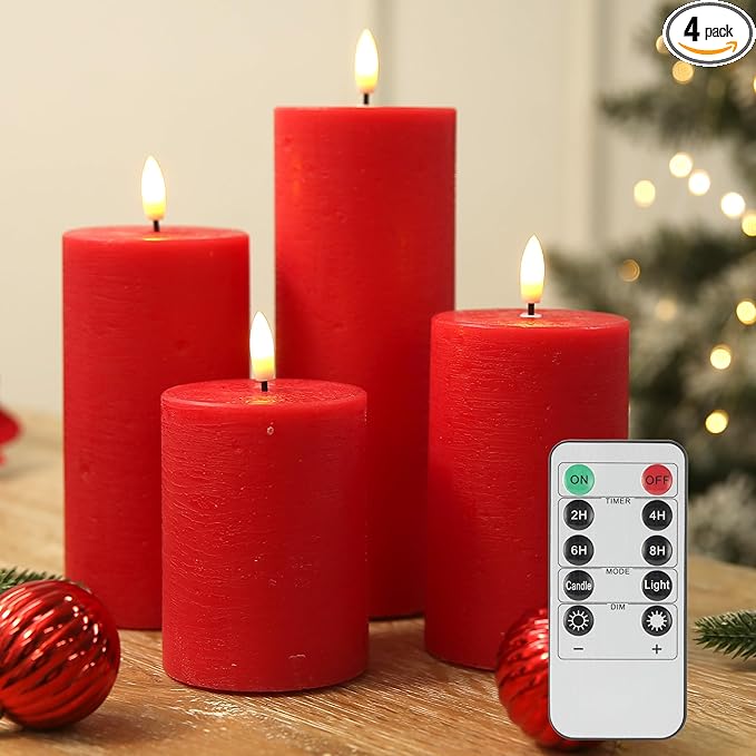 LUSHABOR Flameless Candles, 4 Pack Battery Operated Candles with Remote, Real Wax LED Fake Candles with Timer Flickering for Christmas Wedding Home Party D3 H 5" 6" 7" 9" Red-Ruum Studio Home