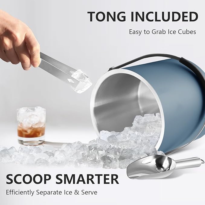 3L Ice Bucket with Silicone Lid, Scoop, Tongs & Strainer, Stainless Steel Double Wall Insulated Ice Buckets for Parties & Cocktail Bar, Outdoor Champagne Ice Container Bin, Navy-Ruum Studio Home