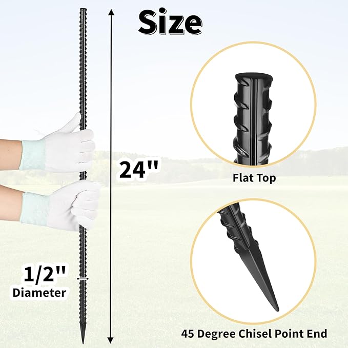 24 Inches Straight Rebar Stakes(20-Pack), 1/2" Diameter Steel Metal Stakes for Garden with Chisel Point End Heavy Duty Ground Anchors for Landscape, Concrete Form, Camping & Trapping Black-Ruum Studio Home