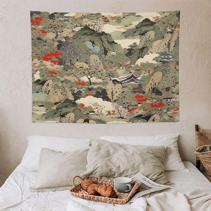 Asian Tapestry, Japanese Red Landscape, Bedroom & Living Room Decor, 40"x30"-Ruum Studio Home