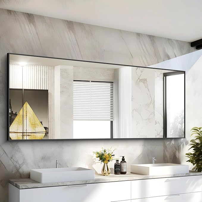 30x72inch Bathroom Mirror, Black Rectangle Mirror with Thin Frame, Large Rectangular Wall Mirror for Bathroom, Living Roomm, Hair Salon, Big Farmehouse Mirror Hang Horizontal/Vertical-Ruum Studio Home
