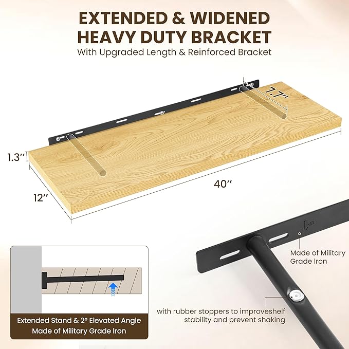 40" Floating Shelves for Wall, 12" Deep Slim Oak Floating Shelves, Wall-Mounted Shelves for Bedroom, Living Room, Kitchen, Bathroom - Set of 2-Ruum Studio Home