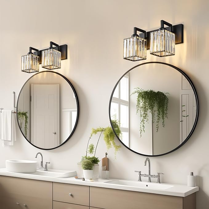 Modern Bathroom Vanity Light 2-Lights Black Crystal Bathroom Wall Light Vanity Light Fixtures-Ruum Studio Home
