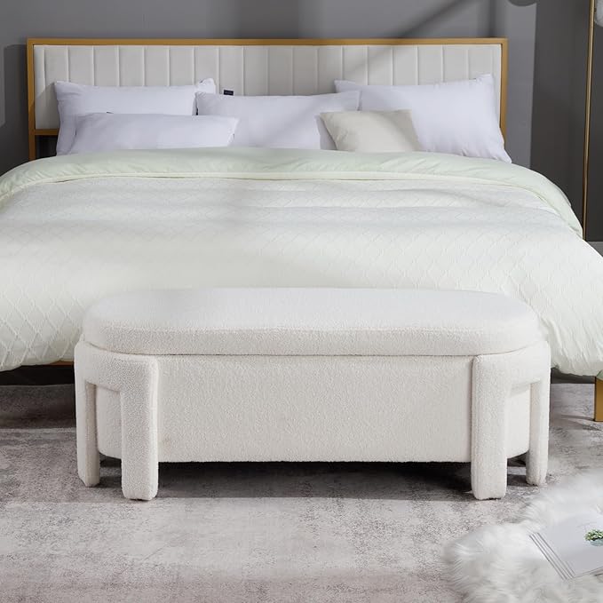 Modern Upholstered Storage Bench, Boucle Sherpa Fabric 50" Long Entryway Bench with Storage and Seating, Comfy Cute Ottoman Bench for Living Room/End of Bed/Hallway, White-Ruum Studio Home