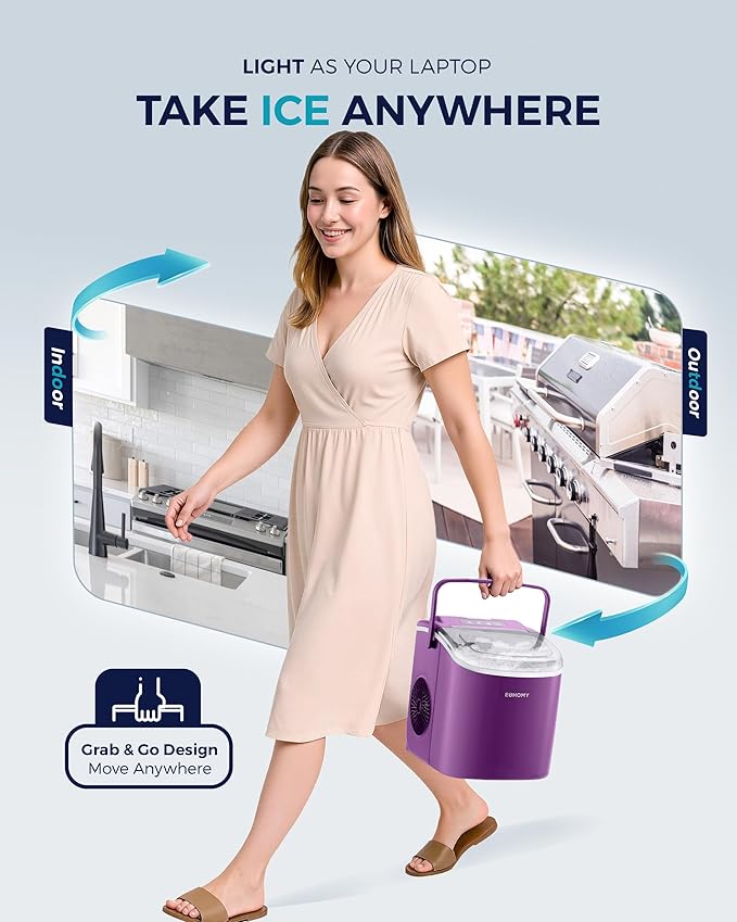 EUHOMY Countertop Ice Maker Machine with Handle, 26lbs Per Day, 9 Ice Cubes Ready in 6 Mins, Auto-Cleaning Portable Ice Maker with Basket and Scoop, for Home/Kitchen/Camping/RV (Purple)-Ruum Studio Home