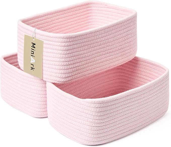 Small Storage Baskets for Organizing | Closet Organizer Bins | Shelf Toy Basket | Woven Rope Baskets | Cube Decorative Box | Shallow Basket | 11.5x7.5x4.7” | 3 Packs Light Pink-Ruum Studio Home