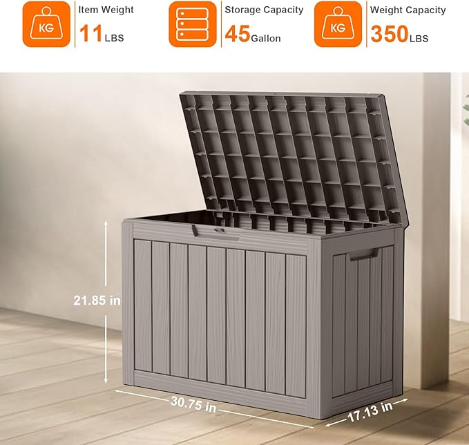 DRATO 45 Gallon Deck Box, Outdoor Storage Box for Patio Furniture, Patio Cushions, Gardening Tools, Pool Supplies 480lbs Weight Capacity,Waterproof Resin Storage Boxes (Light Brown, 45Gal)-Ruum Studio Home
