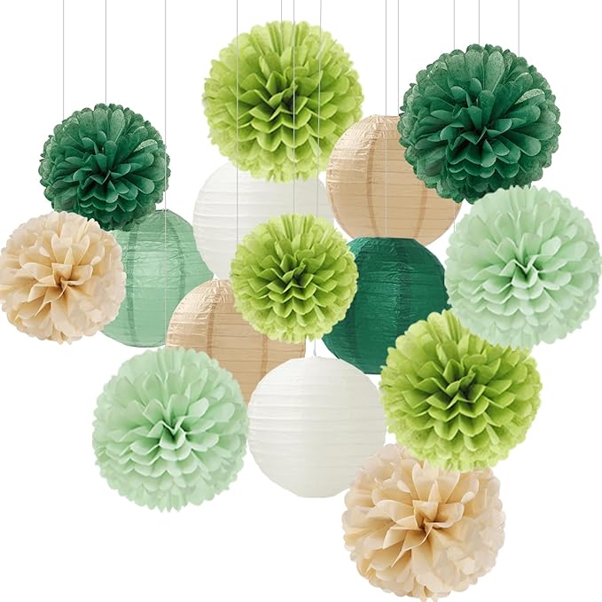 Sage Green-Boho Party-Decorations Paper Flowers Lanterns - 15PCS Birthday Gender Neutral Baby Shower Tissue Pom Poms Streamers, Champagne Gold Rustic Wedding Graduation Hanging Supplies Decor Hugfond-Ruum Studio Home