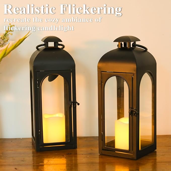 Bdor 2 Pack 16 Inches Metal and Tempered Glass Decorative Lantern with Electronic Wax Effect - Indoor/Outdoor Decorative Lighting, Handcrafted Aesthetic, Perfect for Home, Parties, and Holiday Decor-Ruum Studio Home