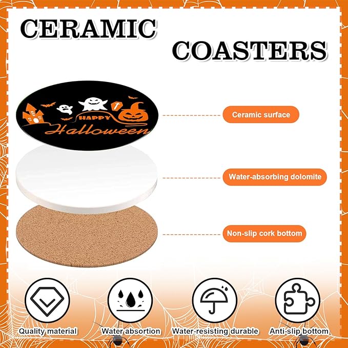 4Pcs Halloween Coasters Orange Black Round Ceramic Coaster Trick or Treat Heat-Resistant Cup Mats for Wooden Table Protection Home Party Supplies-Ruum Studio Home