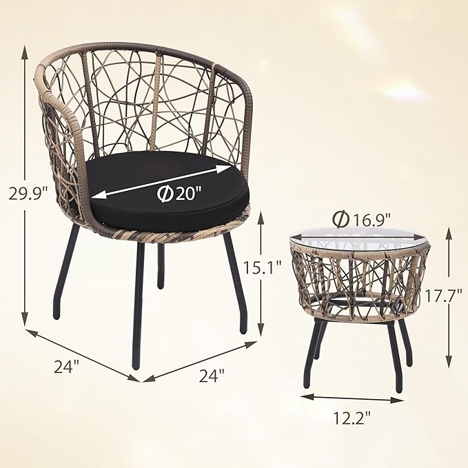 Kromax 3 Piece Bistro Set, Modern Outdoor Wicker Patio Furniture with Tempered Glass Table Top and 2 Chairs, Washable Cushions, Natural Rattan and Black Cushion-Ruum Studio Home