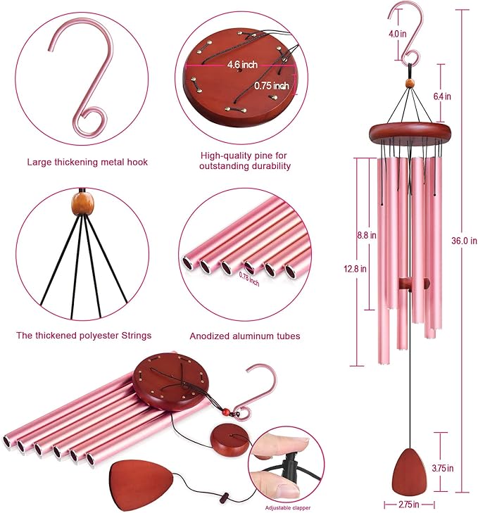 Large Aluminium Wind Chimes Outside, Soothing Melodic Memorial Sympathy Wind Chime, Suitable Outdoor Garden Decor, Gift for Mom Women Neighbors (Pink Wind Chimes-36)-Ruum Studio Home