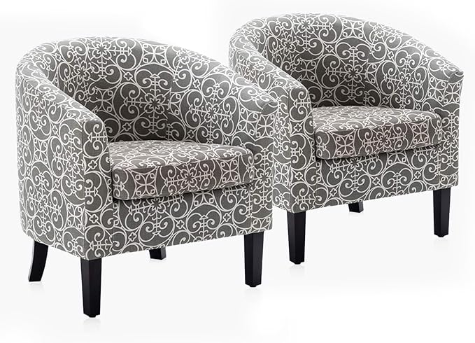 BELLEZE Accent Barrel Chair Set of 2, Linen Round Chair Club Tub Sofa Corner Chair with Flared Legs and Cozy Soft Padding for Living Room Bedroom Waiting Room - White & Gray-Ruum Studio Home