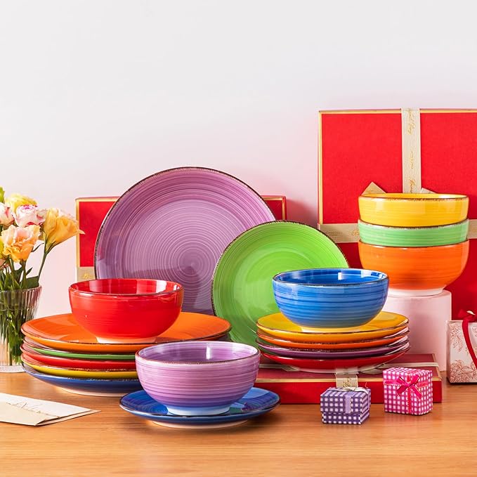 vancasso Bonita Dinnerware Set Muticolor Stoneware 18 Pieces Service for 6, Handpainted Spirals Pattern Stoneware Plates and Bowls Set-Ruum Studio Home