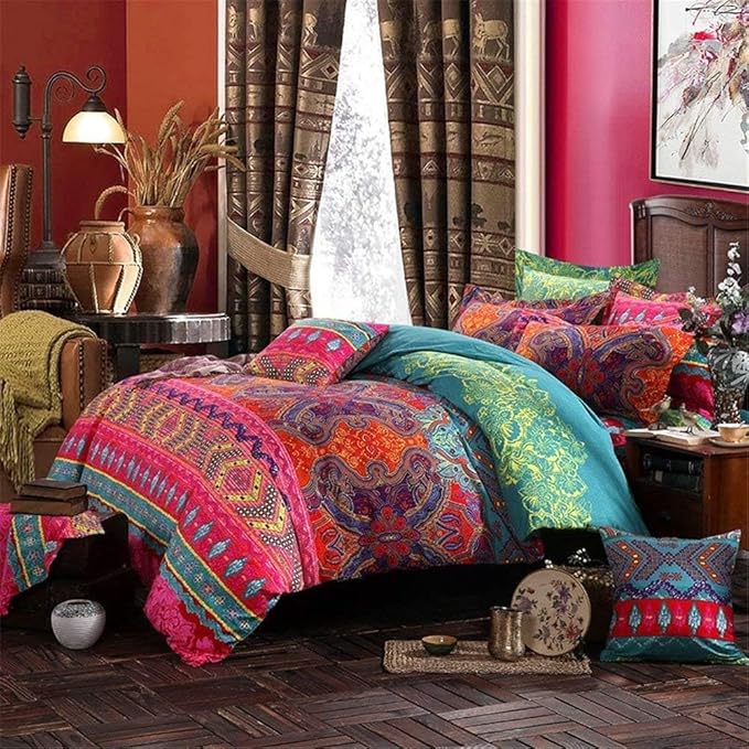ABREEZE 3Pcs Bohemia Retro Bedding Ethnic Vintage Floral Duvet Cover Boho Bedding 100% Brushed Cotton Bedding Sets Damask Paisley Coloful Mandala Down Comforter Cover,Twin-Ruum Studio Home