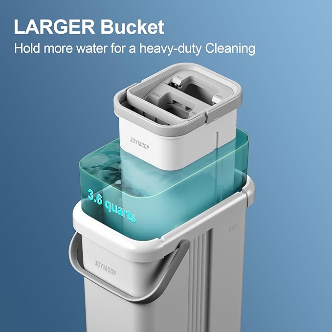 JOYMOOP Mop and Bucket with Wringer Set, Flat Squeeze Mop with Bucket (X-Large), Dust Mop for Wall Cleaner with Long Handle, Microfiber Mop - White Bucket with 3 Reusable 15" Pads-Ruum Studio Home
