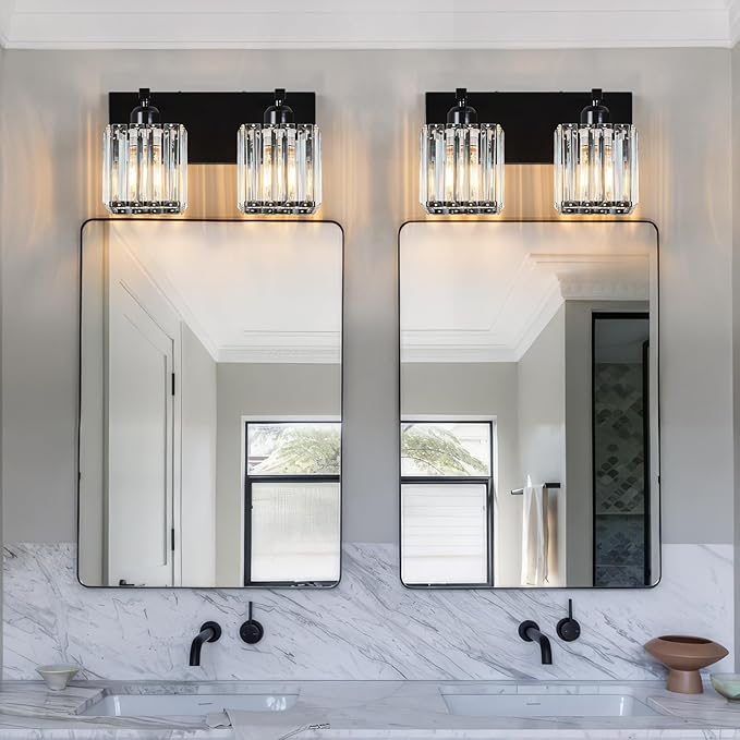 Modern Bathroom Vanity Light 2-Lights Plating Black Crystal Bathroom Wall Light Vanity Light Fixtures-Ruum Studio Home