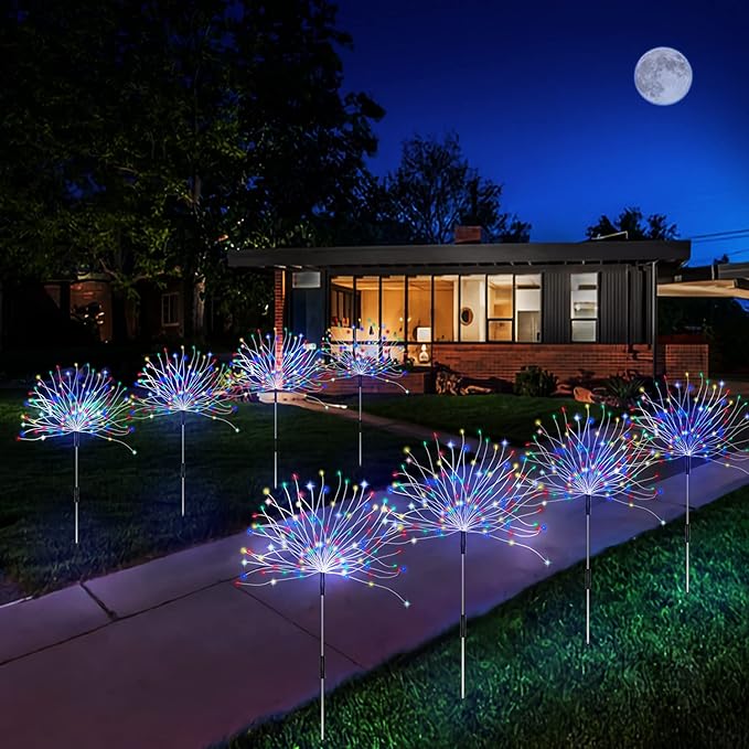Outdoor Solar Garden Lights, 4 Pack 120 LED Copper Wire Waterproof Garden Fireworks Lamp with Remote, 8 Modes Decorative Sparkles Stake Landscape Light for Pathway Lawn Decor (Colorful)-Ruum Studio Home