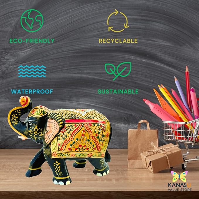 Handcrafted Wooden Elephant Figurine – Traditional Artwork, Gold & Gemstone Embellishments – Lucky Decorative Elephant Statue for Prosperity | Beautiful Elefantes Decorativos para Sala (Black & Gold)-Ruum Studio Home