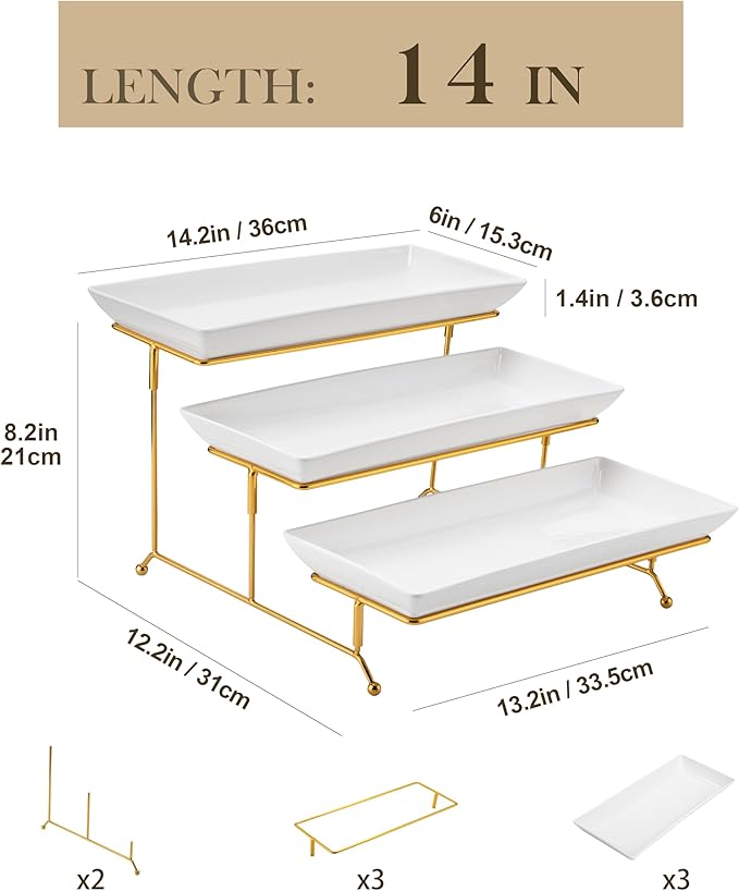 MALACASA 3 Tier Serving Trays for Party, 14 Inch Porcelain White Trays for Serving Food, Dessert Stand with Collapsible Gold Metal Rack-Ruum Studio Home