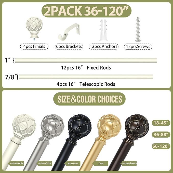 White Farmhouse Curtain Rods for Windows:Heavy Duty Adjustable Curtain Rod for Bedroom Living Room,Boho Decorative Rustic Drapery Rods with Vintage Coastal Finials,Antique White 2 Pack 66-120"-Ruum Studio Home