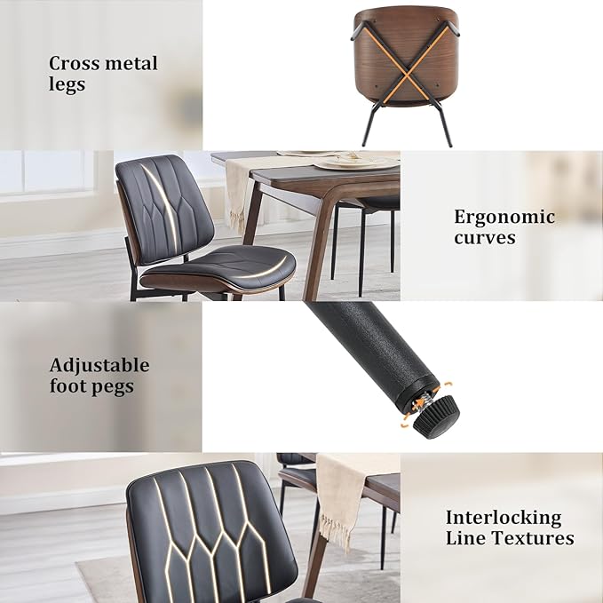 BV Mid Century Modern Dining Chairs Set of 4, Upholstered Pu Leather Armless Accent Chair with Walnut Bentwood Back, Retro Kitchen Chair for Dining Room, Living Room, Kitchen, Black-Ruum Studio Home