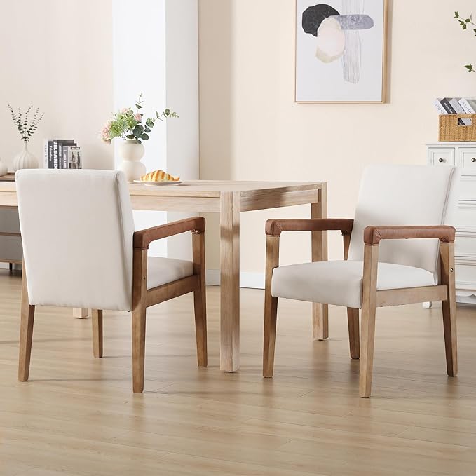 Kmax Modern Dining Chairs Set of 2 Linen Fabric Kitchen Arm Chairs Upholstered Accent Chairs with Wooden Legs for Dining Room, Living Room, Bedroom, White-Ruum Studio Home