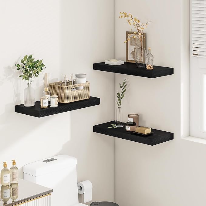 Black Floating Shelves for Wall 24 Inches Long, 12" Deep Wall Shelves 2" Thick, Heavy Duty Shelf for Bedroom, Bathroom, Living Room, Kitchen, Office, Home Decor, Modern Shelf Set of 2, 24" X 12" X 2"-Ruum Studio Home