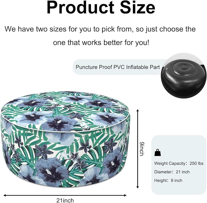 Inflatable Ottoman Stool D21 xH9 for Outdoor/Indoor Use, Water Repellent Patio Foot Rest with Portable Handle,Round Pouf Ottoman Suitable for Garden,Deck and Camping - Blue Salmone Tropical-Ruum Studio Home