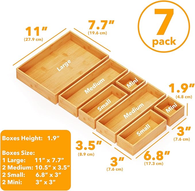 SpaceAid 7-Piece Bamboo Drawer Organizer Storage Boxes Set, Wood Tray Junk Drawer Organizers Multi-Use Divider Bins for Kitchen, Bathroom, Office Desk and Makeup Organization (7 Pack, Natural)-Ruum Studio Home