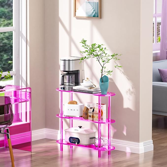 Clear Bookshelf, Acrylic Bookcase with Open Book Shelf Console Table for Entryway Office (3 Tier Pink)-Ruum Studio Home